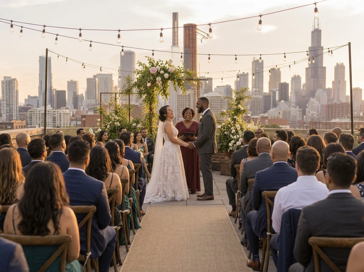 A Black groom and Latina bride holding hands and smiling during their rooftop wedding ceremony, led by a Black woman officiant