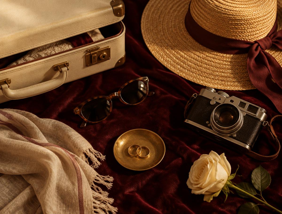 A vintage suitcase, straw sun hat, camera, and two gold wedding rings arranged on burgundy velvet